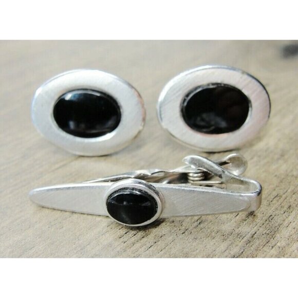 Swank Cufflinks Tie Bar Set Silver Tone Black Stone Tux Shirt Dress Suit Vintage - Picture 2 of 6